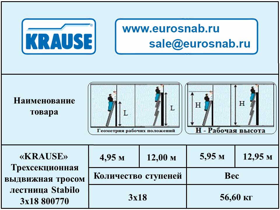 Трехсекционная лестница с перекладинами, вытягиваемая тросом Krause Stabilo 3х18 800770