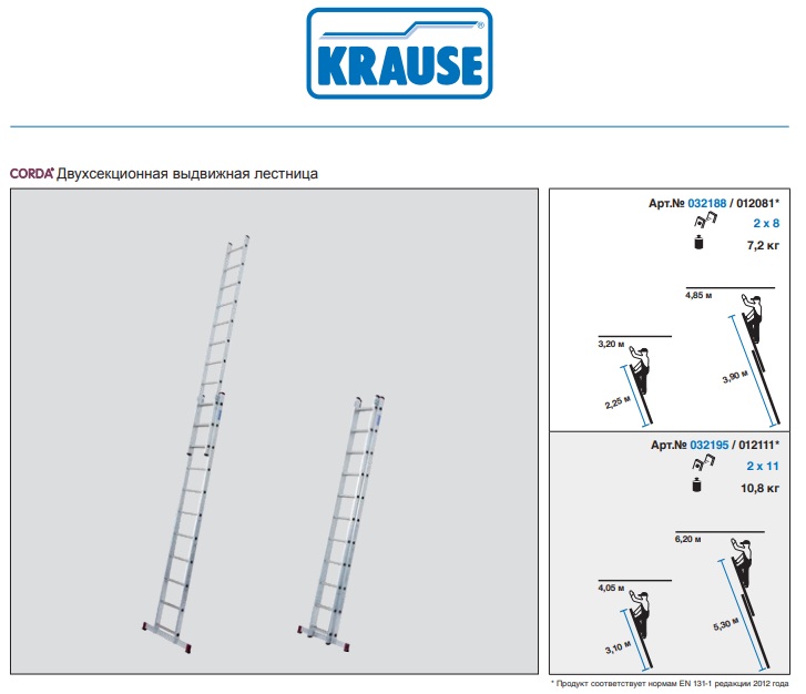 Двухсекционная раздвижная лестница с перекладинами Corda от Krause