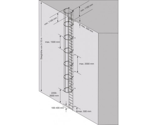 Стационарная одномаршевая лестница для оборудования KRAUSE (сталь) 6,44 м без перехода 836724
